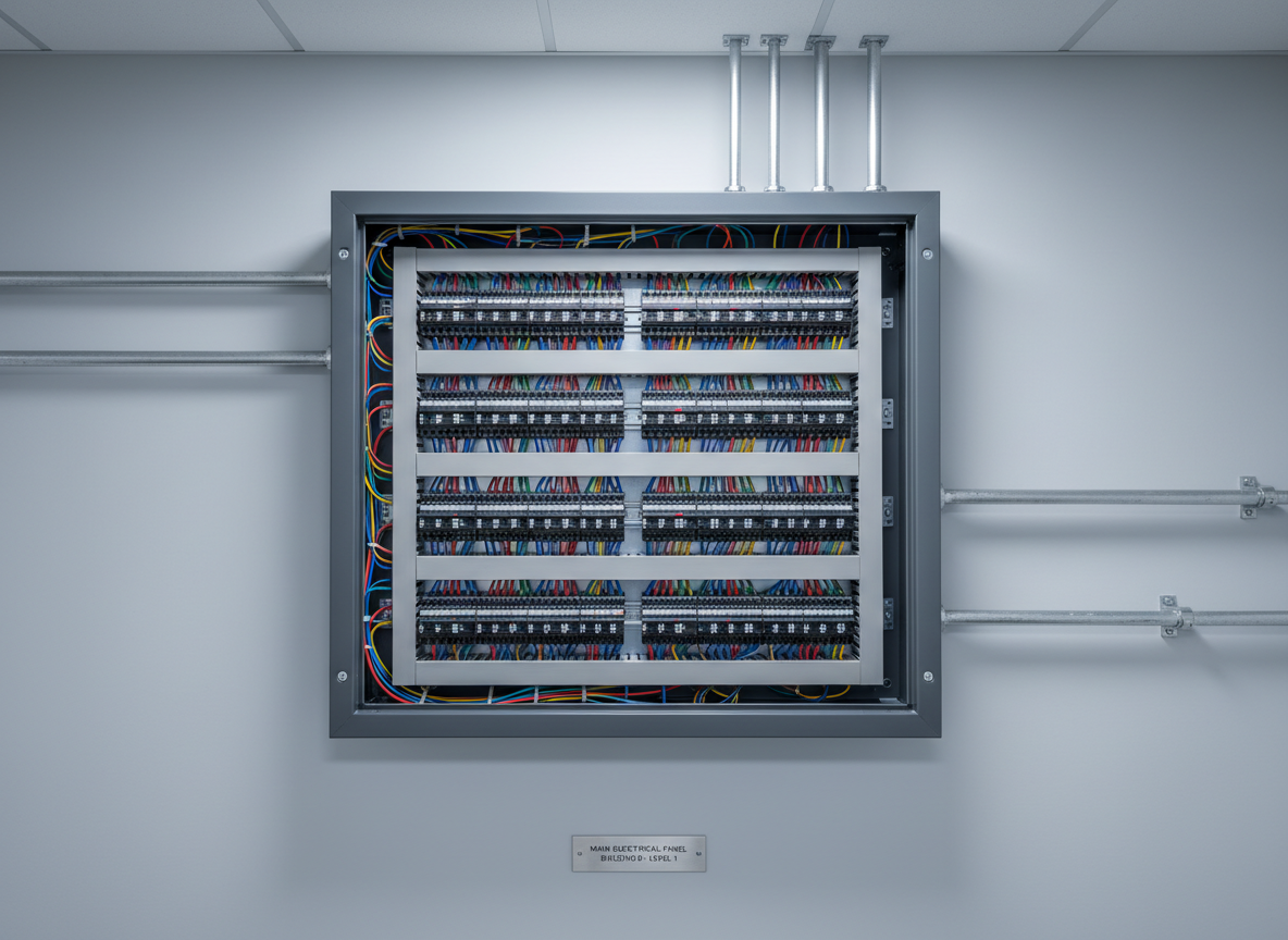 A meticulously organized electrical switchboard featuring neatly arranged circuit breakers and color-coded wiring, all housed within a matte-finished, charcoal grey metal enclosure. The switchboard is installed on a smooth, painted wall in a contemporary office utility room, accompanied by modern conduit and subtle, understated signage. The scene is illuminated by cool, diffused overhead LED lighting, which evenly highlights the clean lines and precise craftsmanship of the installation, while casting gentle, professional shadows along the edges. Captured at eye-level with a centered composition, the image emphasizes structure and order. The mood is composed, professional, and reliable, echoing the corporate and trustworthy aesthetic in photographic realism.